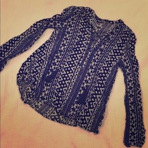 Blue and off-white long sleeve peasant top